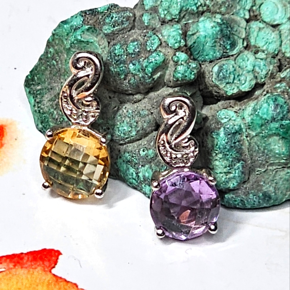 2 Swarovski 10k gold Pendants in Amethyst and Citrine